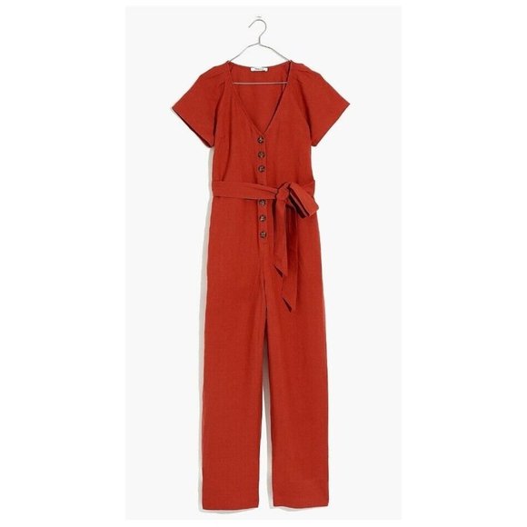 Madewell Red Pleat Sleeve Button Down Linen Blend Jumpsuit Sz 6 - Picture 1 of 10